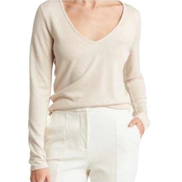 Vince Long Sleeve V Neck Top Size S Beige Neutral Staple Minimalist Layer Casual - Picture 1 of 12